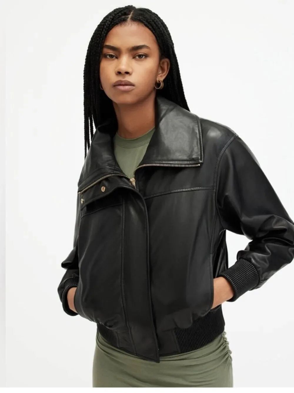 All saints Etta Funnel Neck Leather Bomber Jacket sz 4